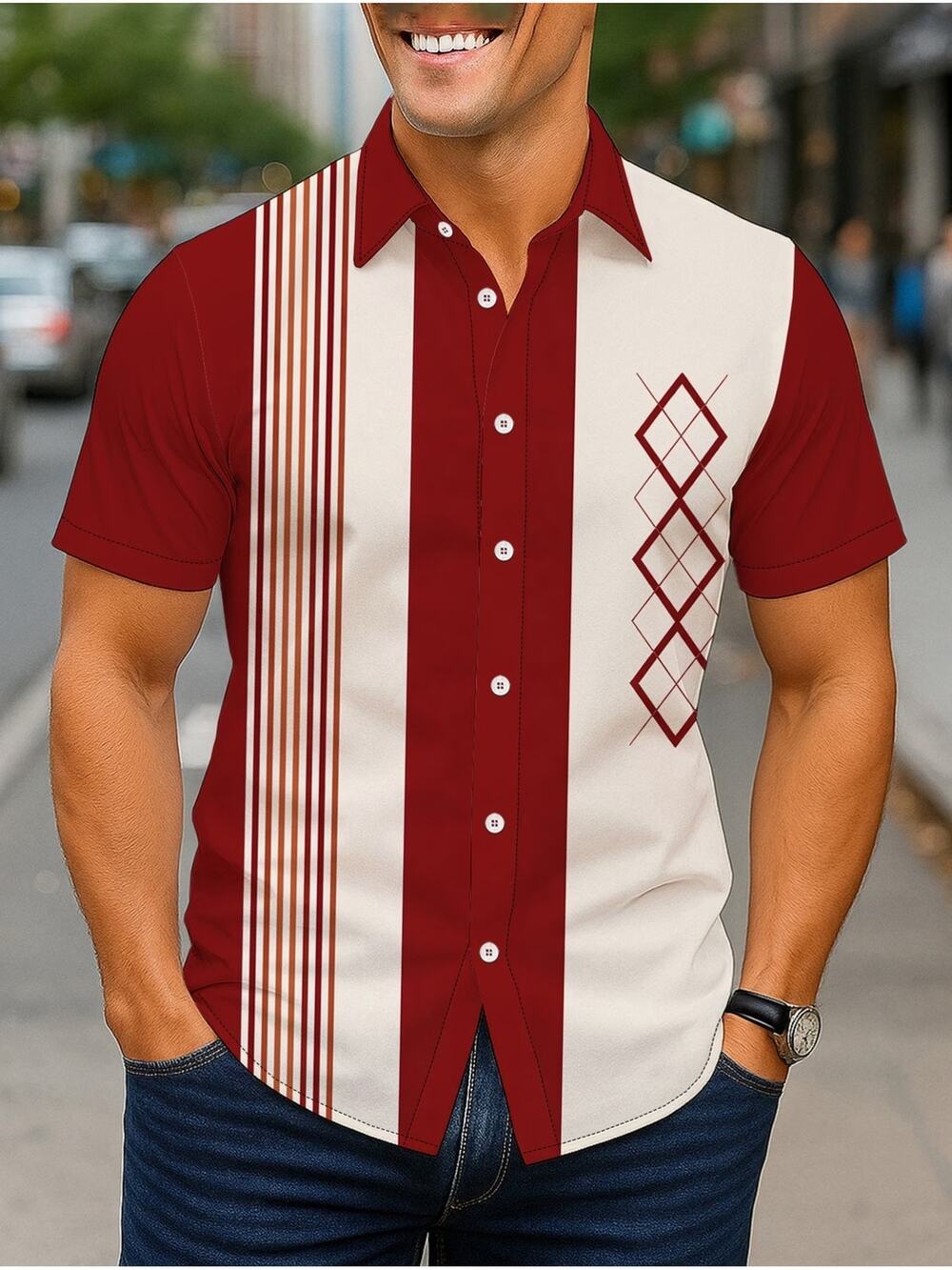Men's Mid-Century Short Sleeve Shirt 3X Bowling Vintage 50s Argyle Casual New